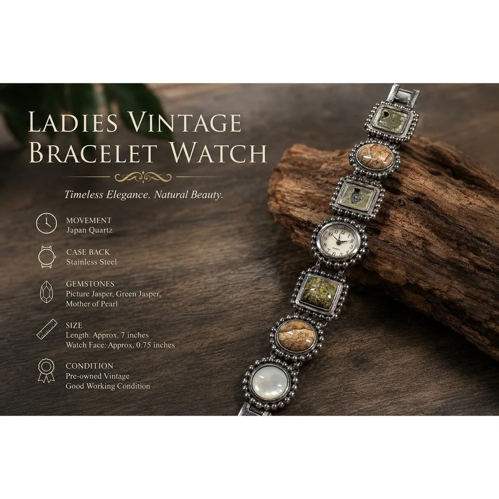 Vintage Mixed Stone Panel Bracelet Watch Silver Tone Japan‎ Quartz Boho Style